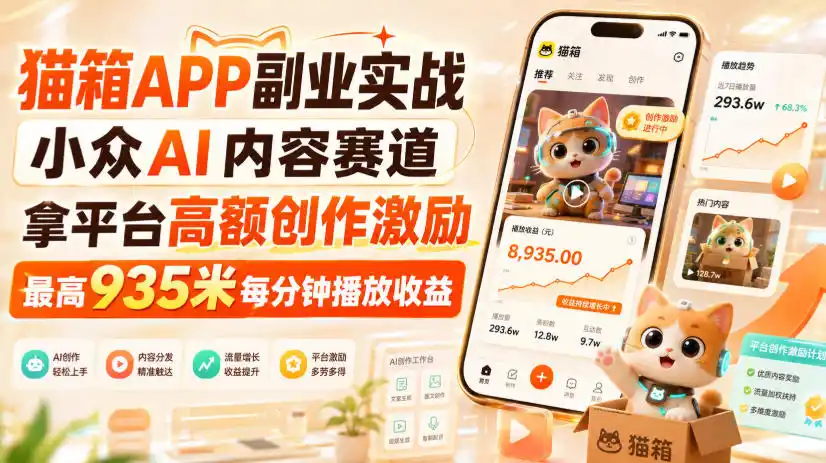 猫箱APP副业实战，小众AI内容赛道，拿平台高额创作激励，最高935米每分钟播放收益-聚力云网创