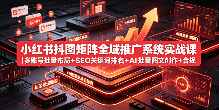 小红书抖图矩阵全域推广系统实战课｜多账号批量布局+SEO关键词排名+AI批量图文创作+合规私域导流完整落地教程-聚力云网创