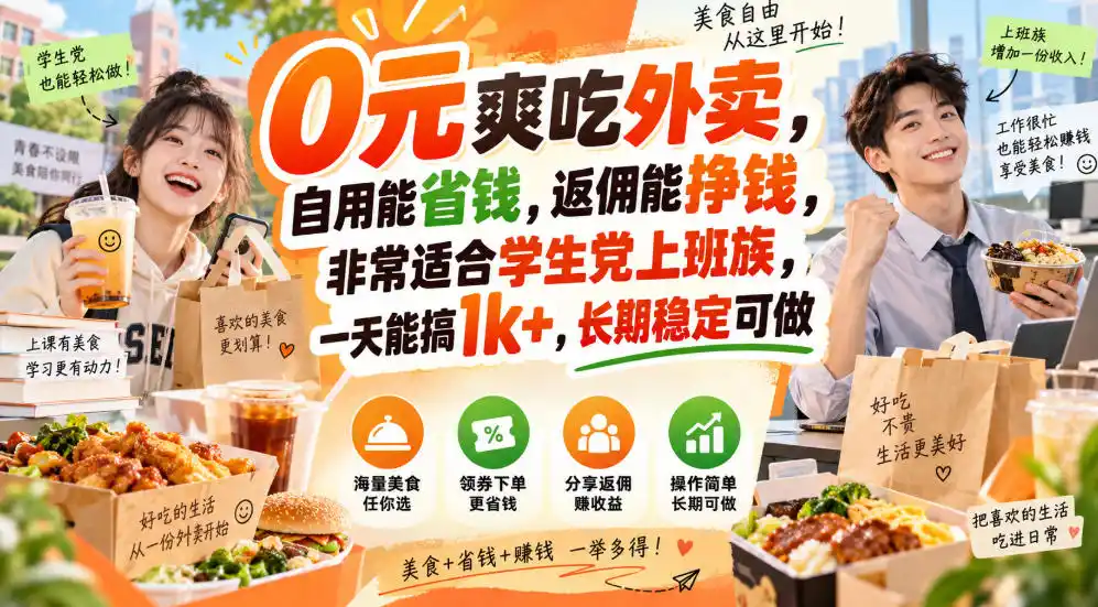 0元爽吃外卖，自用能省钱，返佣能挣钱，非常适合学生党上班族，一天能搞1k+，长期稳定可做-聚力云网创