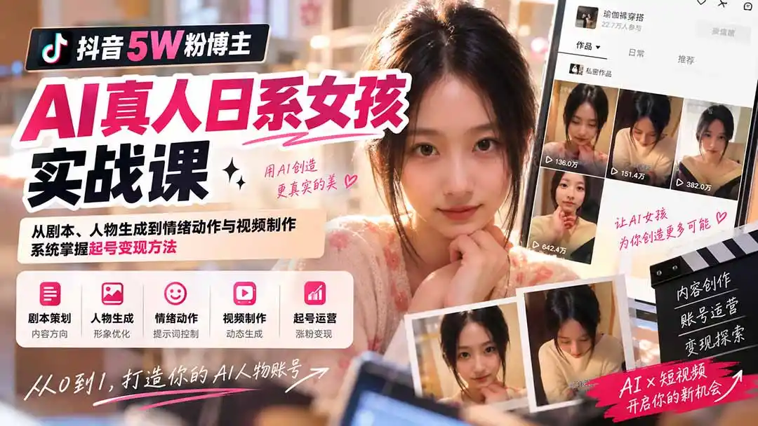 抖音5W粉博主AI真人日系女孩实战课：从剧本、人物生成到情绪动作与视频制作，系统掌握起号变现方法-聚力云网创