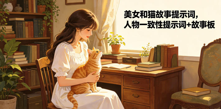 美女和猫故事提示词，人物一致性提示词+故事板-聚力云网创