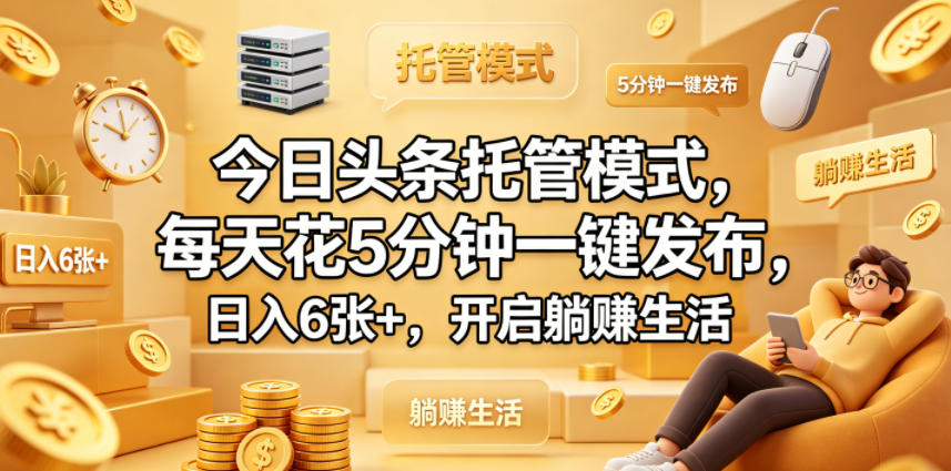 今日头条托管模式,每天花5分钟一键发布,日入6张+,开启躺賺生活【揭秘】-聚力云网创