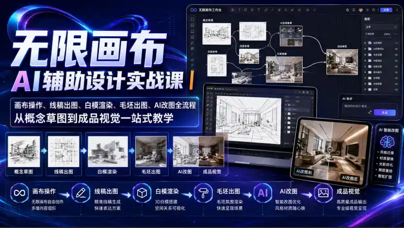 无限画布AI辅助设计实战课|画布操作、线稿出图、白模渲染、毛坯出图、AI改图全流程,从概念草图到成品视觉一站式教学(更新0923)-聚力云网创