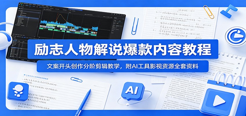 励志人物解说爆款内容教程:文案开头创作分阶剪辑教学,附AI 工具影视资源全套资料-聚力云网创
