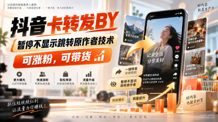 抖音卡转发搬运,暂停不显示跳转原作者技术,可涨粉,可带货-聚力云网创
