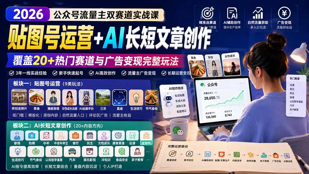 公众号流量主双赛道实战课：贴图号运营+AI长短文章创作，覆盖20+热门赛道与广告变现完整玩法-聚力云网创