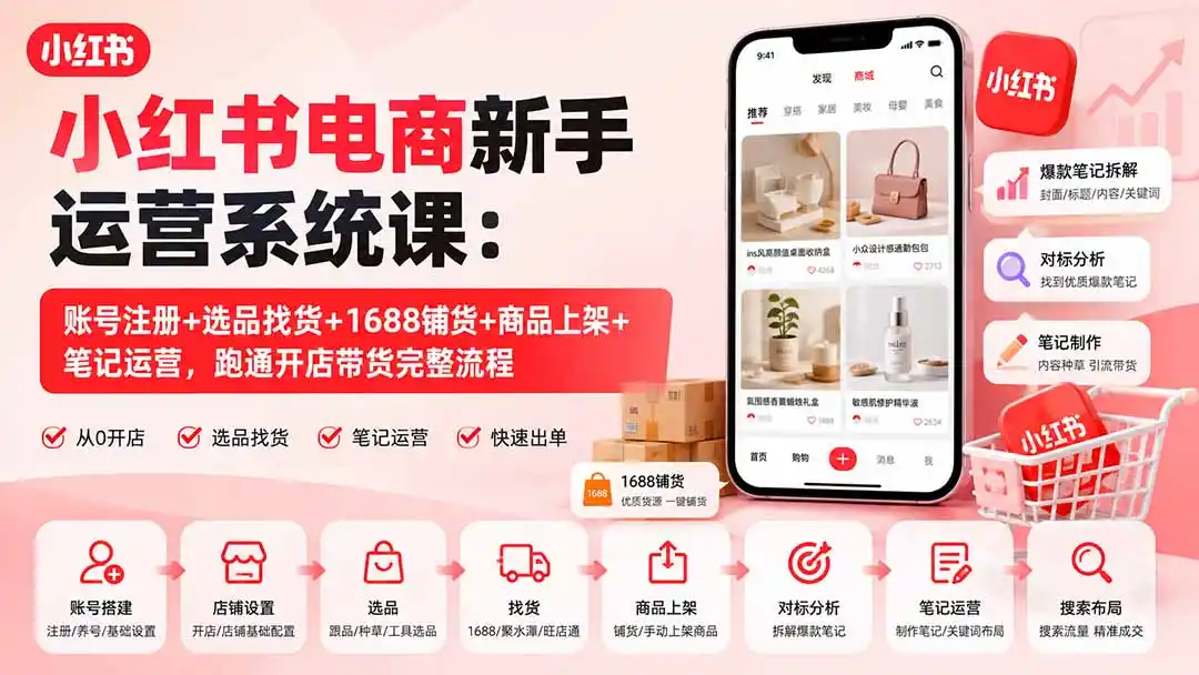 小红书电商新手运营系统课：账号注册+选品找货+1688铺货+商品上架+笔记运营，跑通开店带货完整流程-聚力云网创