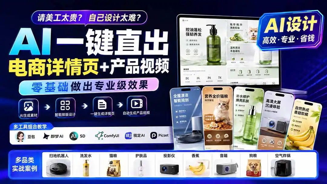 请美工太贵？自己设计太难？AI一键直出电商详情页+产品视频，零基础做出专业级效果 (更新0820-聚力云网创