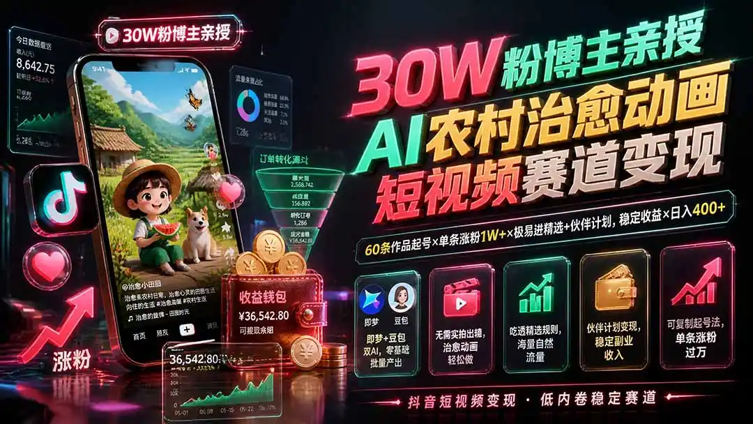 30W粉博主亲授AI农村治愈动画短视频赛道变现：60条作品起号×单条涨粉1W+×极易进精选+伙伴计划，稳定收益×日入400+-聚力云网创