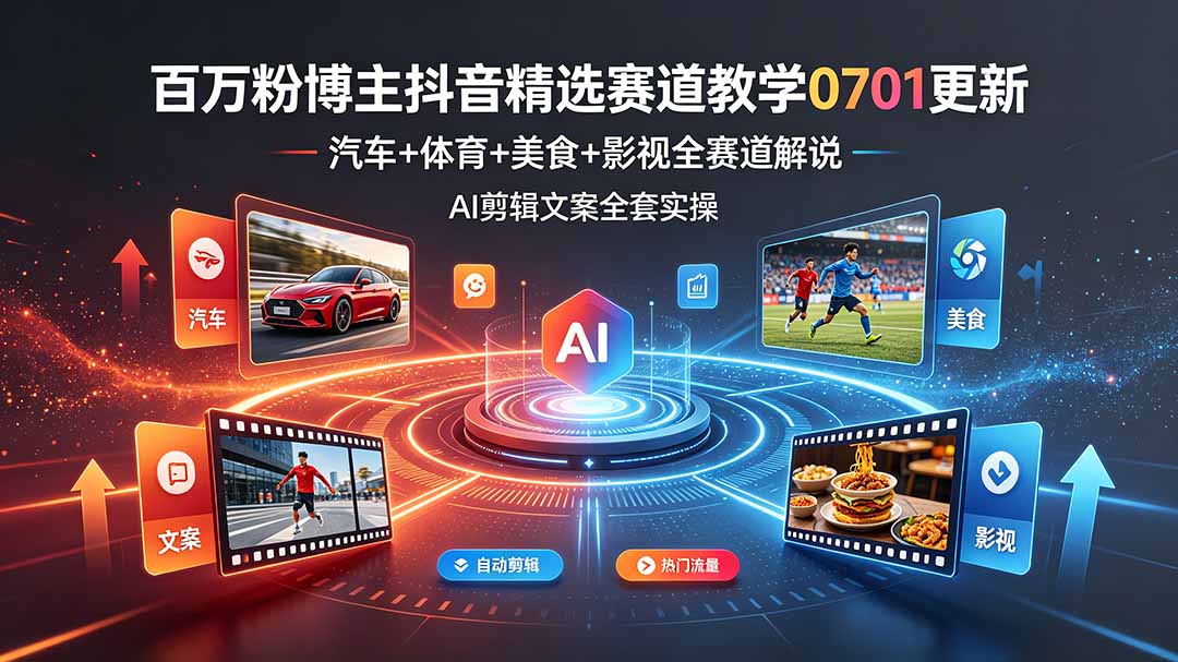 百万粉博主抖音精选赛道教学-0701更新，汽车+体育+美食+影视全赛道解说，AI剪辑文案全套实操-聚力云网创