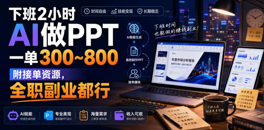 下班2小时AI做PPT，一单300~800，附接单资源，全职副业都行【揭秘】-聚力云网创