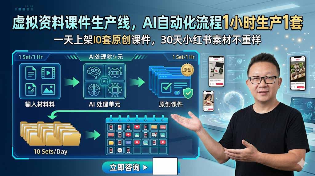 虚拟资料课件生产线，AI自动化流程1小时生产1套，一天上架10套原创课件，30天小红书素材不重样-聚力云网创