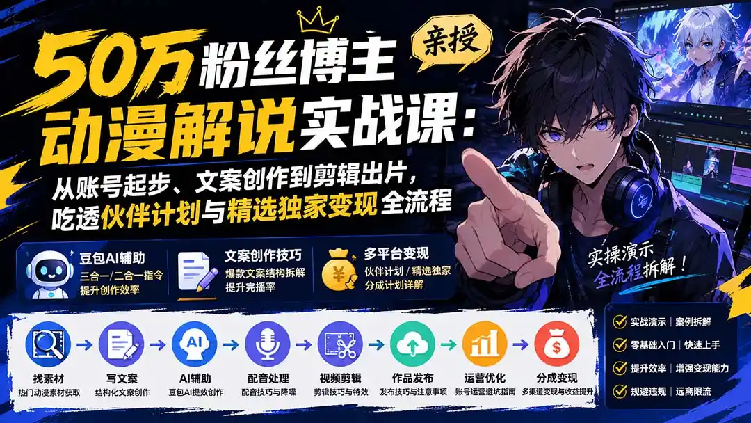 50万粉丝博主亲授动漫解说实战课：从账号起步、文案创作到剪辑出片，吃透伙伴计划与精选独家变现全流程-聚力云网创
