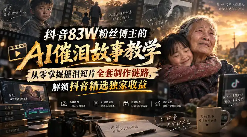 抖音83W粉丝博主的AI催泪故事教学，从零掌握催泪短片全套制作链路，解锁抖音精选独家收益-聚力云网创