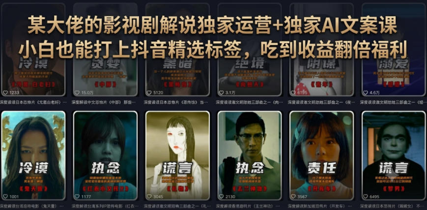 某大佬的影视剧解说独家运营+独家AI文案课，小白0粉丝也能快速打上抖音精选标签、吃到收益翻倍福利-聚力云网创