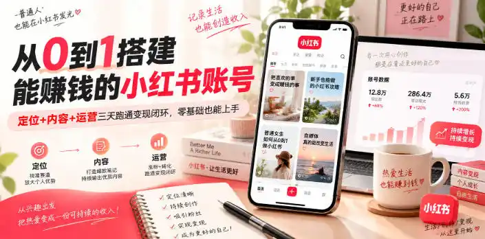 从0到1搭建能賺钱的小红书账号，定位+内容+运营三天跑通变现闭环-聚力云网创