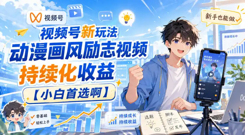 视频号新玩法动漫画风励志视频,持续化收益【小白首选啊】-聚力云网创