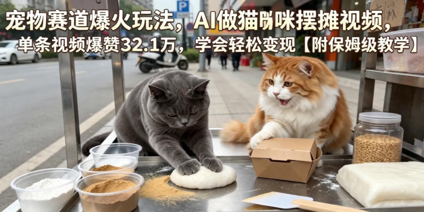宠物赛道爆火玩法,AI做猫咪摆摊视频,单条视频爆赞32.1万,学会轻松变现【附保姆级教学】-聚力云网创