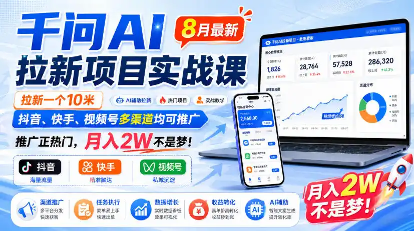 千问AI拉新项目实战课8月最新,拉新一个10米,抖音、快手、视频号多渠道均可推广,推广正热门,月入2W不是梦!(更新0908)-聚力云网创