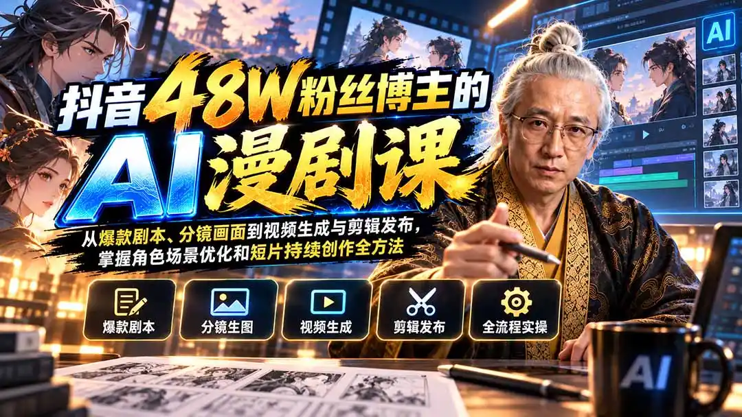 抖音48W粉丝博主的AI漫剧课:从爆款剧本、分镜画面到视频生成与剪辑发布,掌握角色场景优化和短片持续创作全方法-聚力云网创