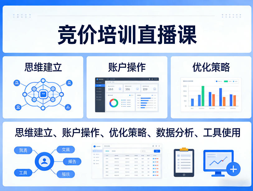 竞价培训直播课，覆盖思维建立、账户操作、优化策略、数据分析、工具使用等，全方位提升效果-聚力云网创