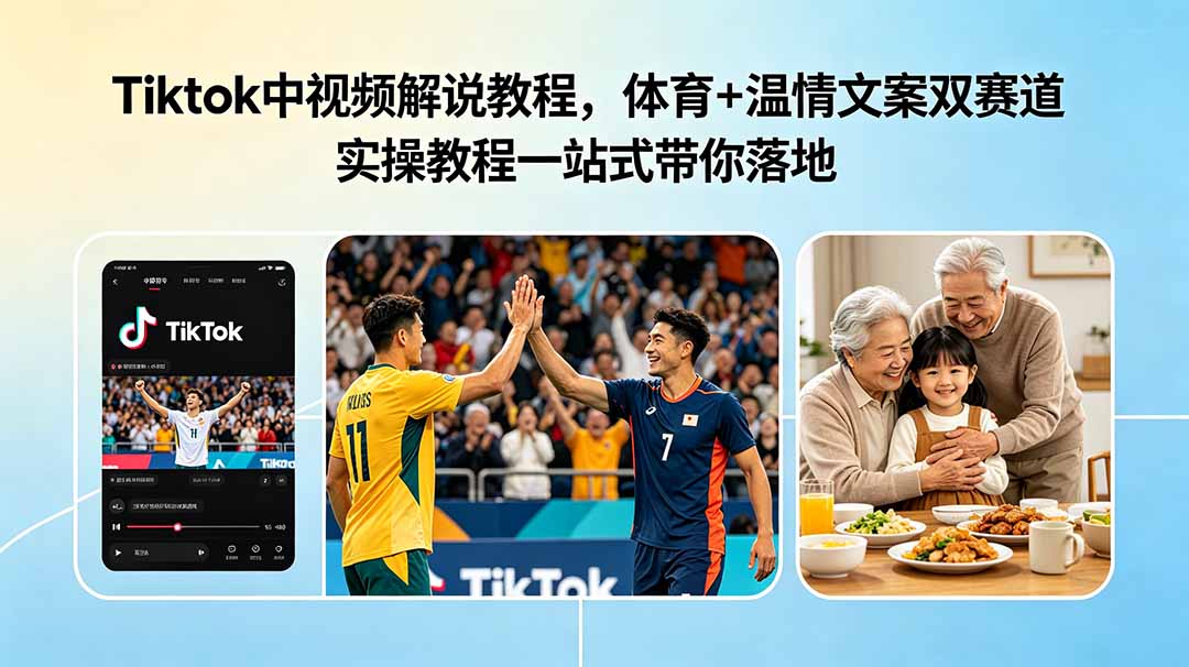 Tiktok中视频解说教程，体育+温情文案双赛道实操教程一站式带你落地-聚力云网创