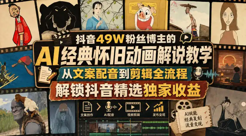 抖音49W粉丝博主的AI经典怀旧动画解说教学,从文案配音到剪辑全流程,解锁抖音精选独家收益-聚力云网创