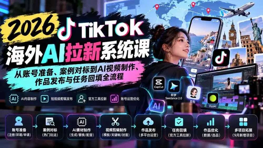 【无水印】2026 TikTok海外AI拉新系统课:从账号准备、案例对标到AI视频制作、作品发布与任务回填全流程-聚力云网创