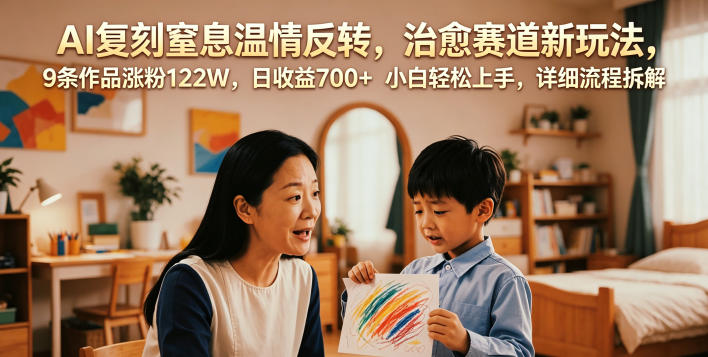 AI复刻窒息温情反转，治愈赛道新玩法，9条作品涨粉122W，日收益700+ 小白轻松上手，详细流程拆解-聚力云网创