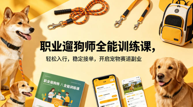 职业遛狗师全能训练课，轻松入行，稳定接单，开启宠物赛道副业-聚力云网创
