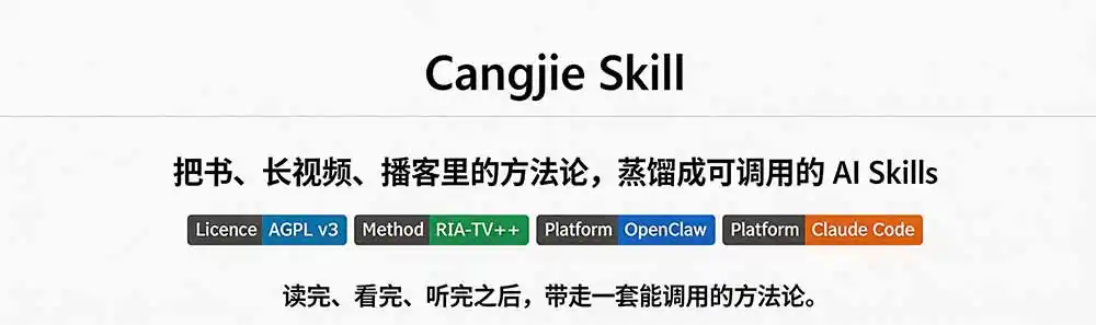 图片[1]-全网走红！GitHub上6.7K Star的开源项目，把任何书、长视频、播客蒸馏成AI工具，值得收藏 cangjie-skill-聚力云网创