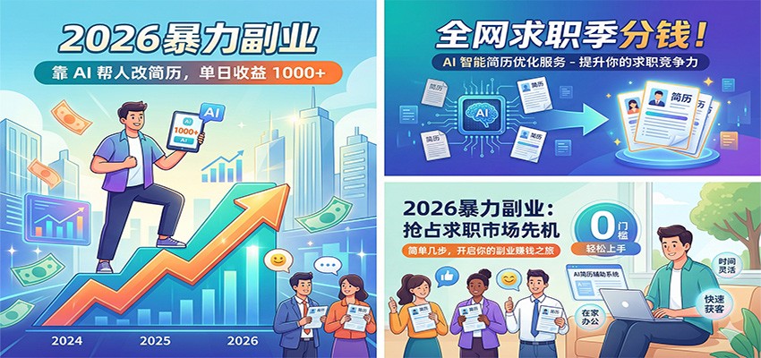 2026暴力副业：靠AI帮人改简历，单日收益1000+，全网求职季分钱-聚力云网创