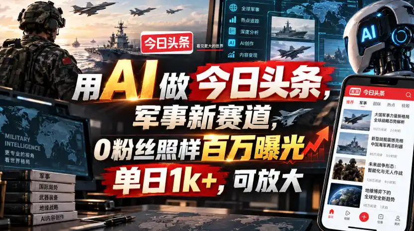 用AI做今日头条,军事新赛道,0粉丝照样百万曝光,单日1k+,可放大-聚力云网创