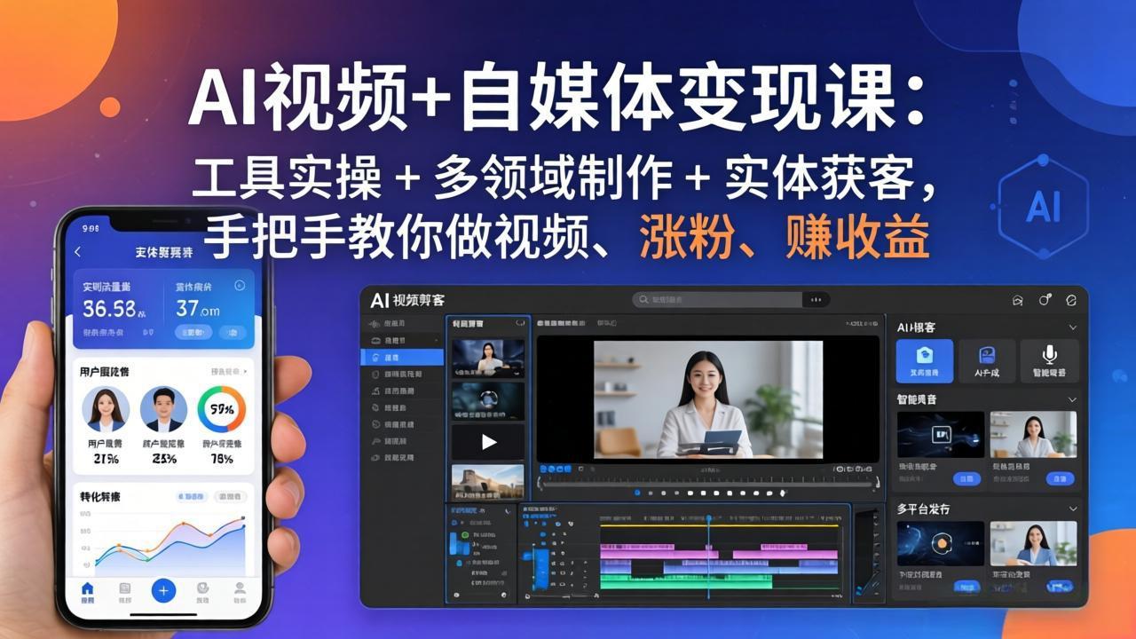 AI视频+自媒体变现课:工具实操 + 多领域制作 + 实体获客,手把手教你做视频、涨粉、赚收益-聚力云网创