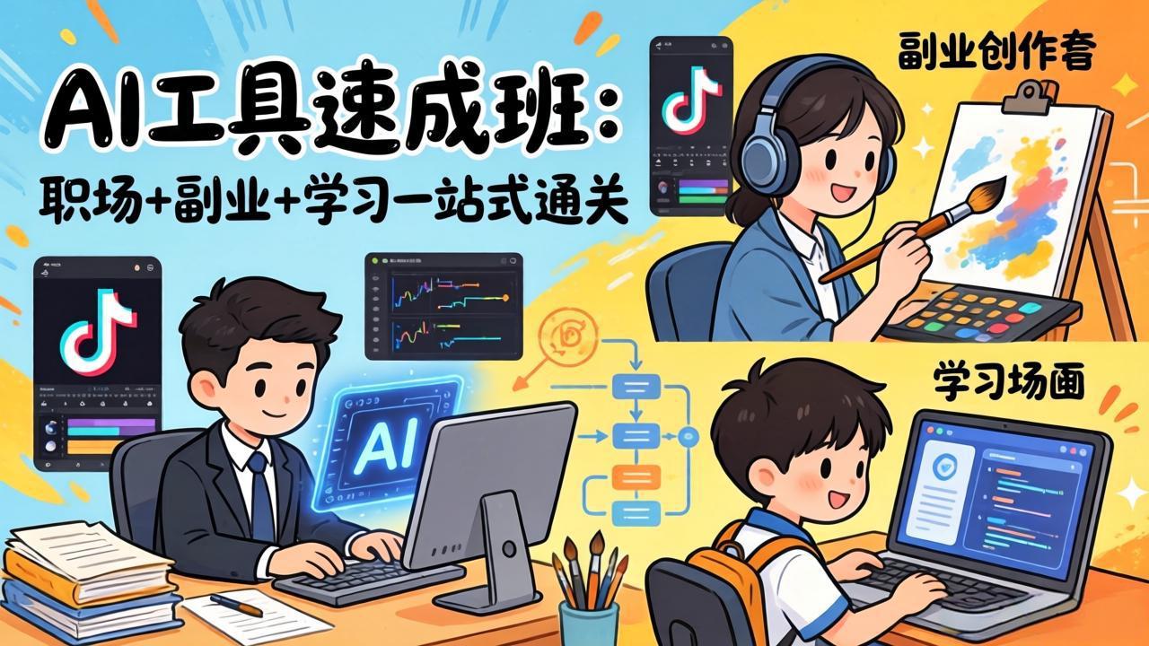 AI工具速成班：职场+副业+学习一站式通关，20+爆款类型+剪映技巧+抖音算法，0基础快速上手-聚力云网创