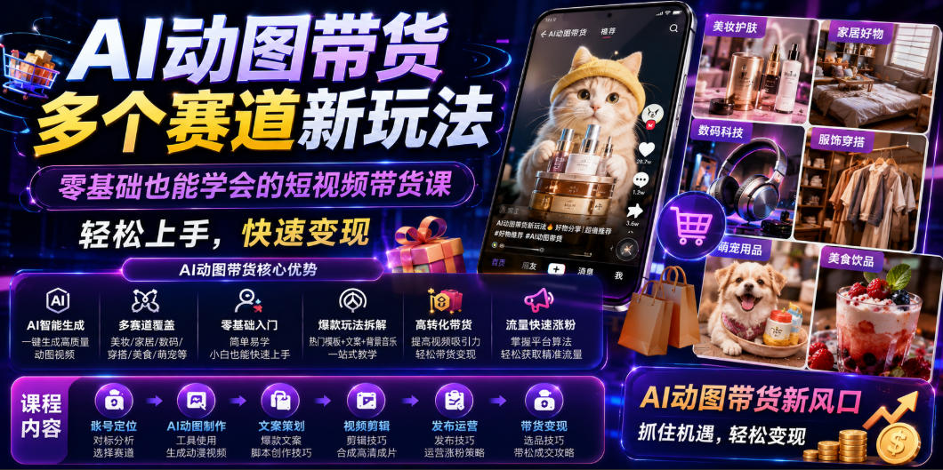AI动图带货多个赛道新玩法，零基础也能学会的短视频带货课，轻松上手，快速变现-聚力云网创