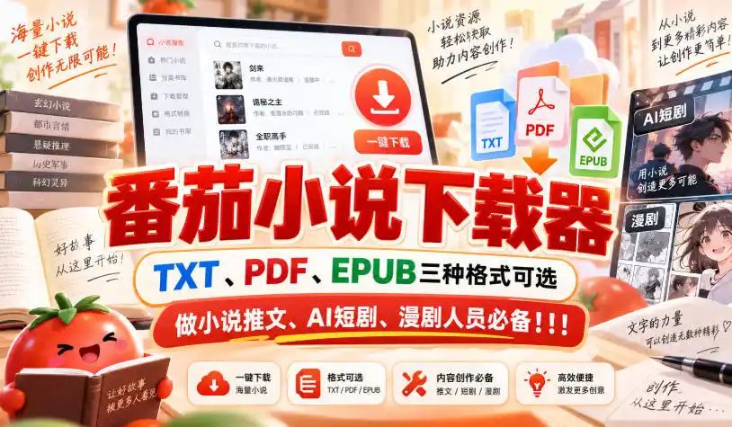 番茄小说下载器，TXT、PDF、EPUB三种格式可选，做小说推文、AI短剧、漫剧人员必备！！！-聚力云网创