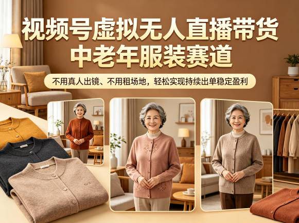 视频号虚拟无人直播带货中老年服装赛道，不用真人出镜、不用租场地，轻松实现持续出单稳定盈利-聚力云网创