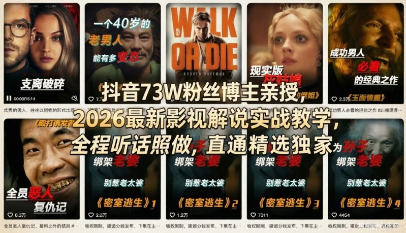 抖音73W粉丝博主亲授,2026最新影视解说实战教学,全程听话照做,直通精选独家-聚力云网创