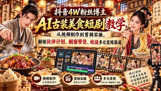抖音4W粉丝博主AI古装美食短剧教学，从视频制作到剪辑实操，解锁伙伴计划、橱窗带货、收徒多元变现渠道-聚力云网创