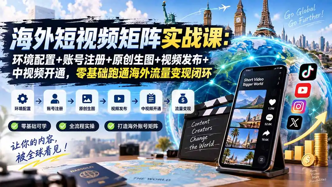海外短视频矩阵实战课：环境配置+账号注册+原创生图+视频发布+中视频开通，零基础跑通海外流量变现闭环-聚力云网创