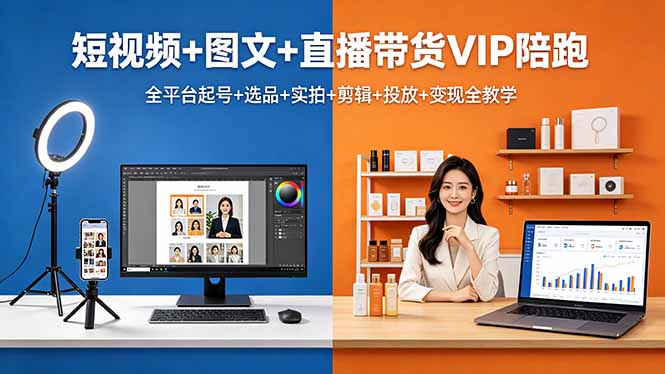 短视频+图文+直播带货VIP陪跑,全平台起号+选品+实拍+剪辑+投放+变现全教学-聚力云网创