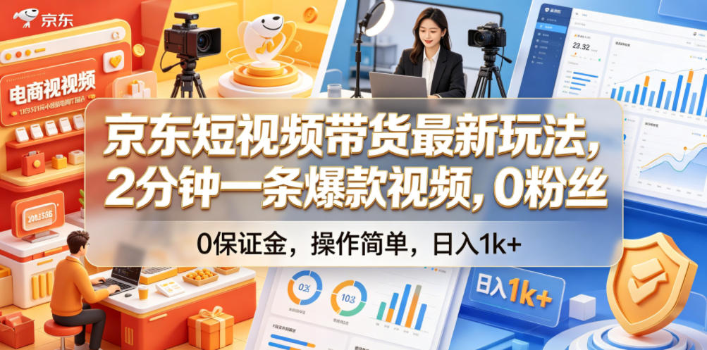 京东短视频带货最新玩法，2分钟一条爆款视频，0粉丝，0保证金，操作简单，日入1k+【揭秘】-聚力云网创
