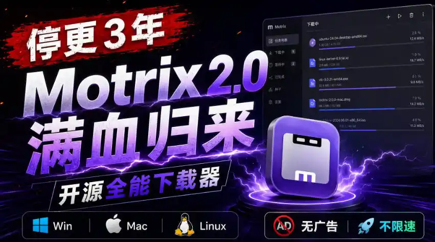停更3年，Motrix 2.0满血归来：开源全能下载器，Win/Mac/Linux通吃，无广告不限速-聚力云网创