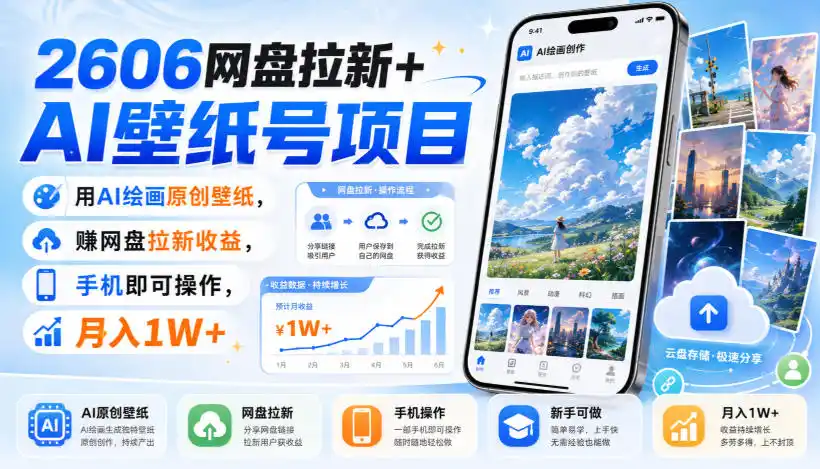 2606网盘拉新+AI壁纸号项目，用AI绘画原创壁纸，賺网盘拉新收益，手机即可操作，月入1W+-聚力云网创