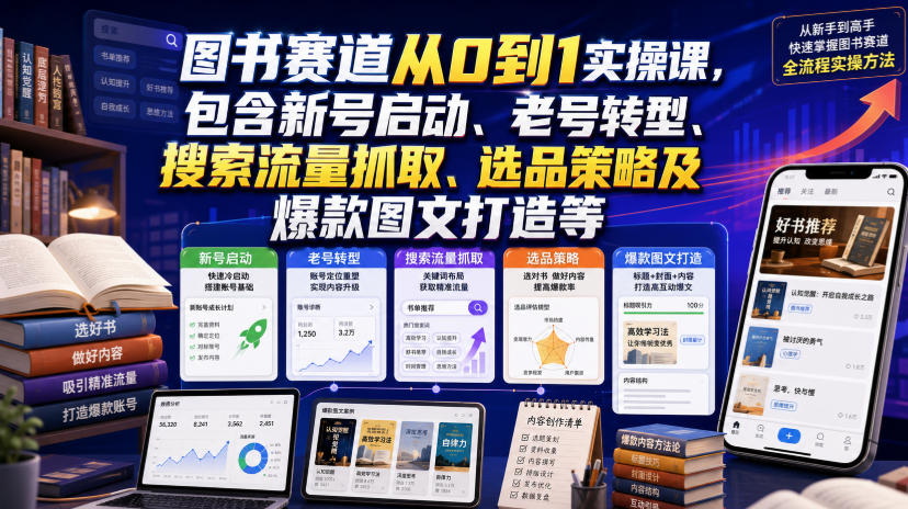 图书赛道从0到1实操课，包含新号启动、老号转型、搜索流量抓取、选品策略及爆款图文打造等-聚力云网创
