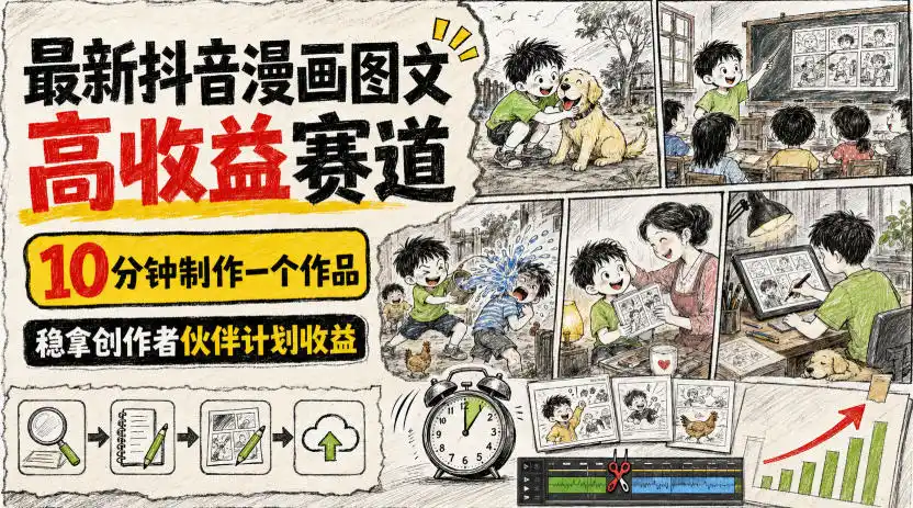 最新抖音漫画图文高收益赛道,10分钟制作一个作品,稳拿创作者伙伴计划收益-聚力云网创