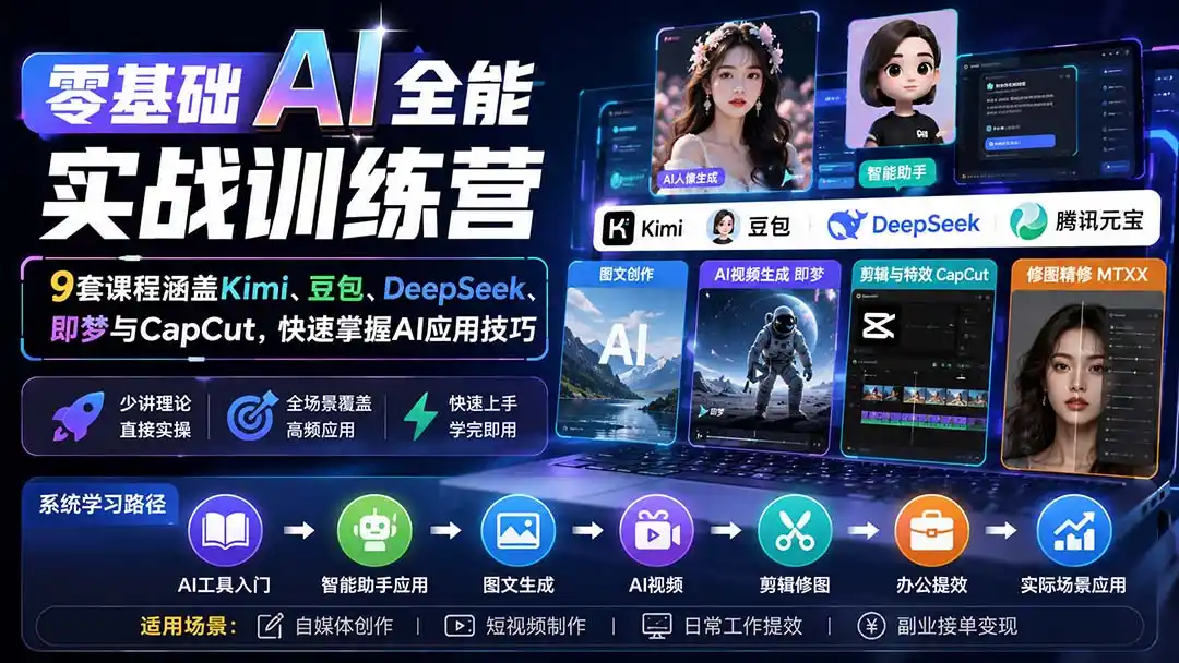 零基础AI全能实战训练营:9套课程涵盖Kimi、豆包、DeepSeek、即梦与CapCut,快速掌握AI应用技巧-聚力云网创