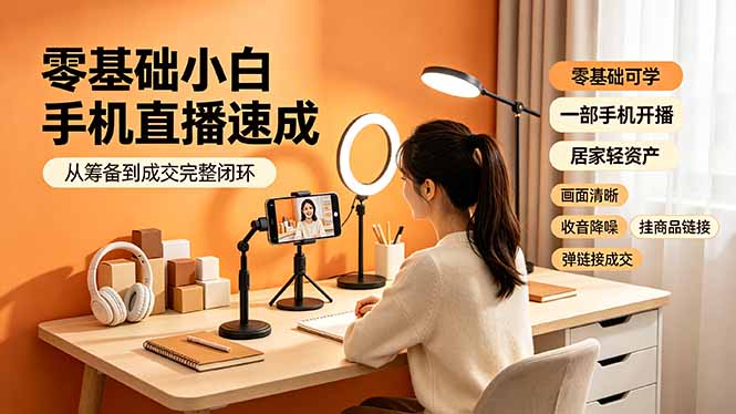 零基础小白手机直播速成，从筹备到成交完整闭环，适配苹果安卓系统，解决杂音卡顿留人难问题-聚力云网创