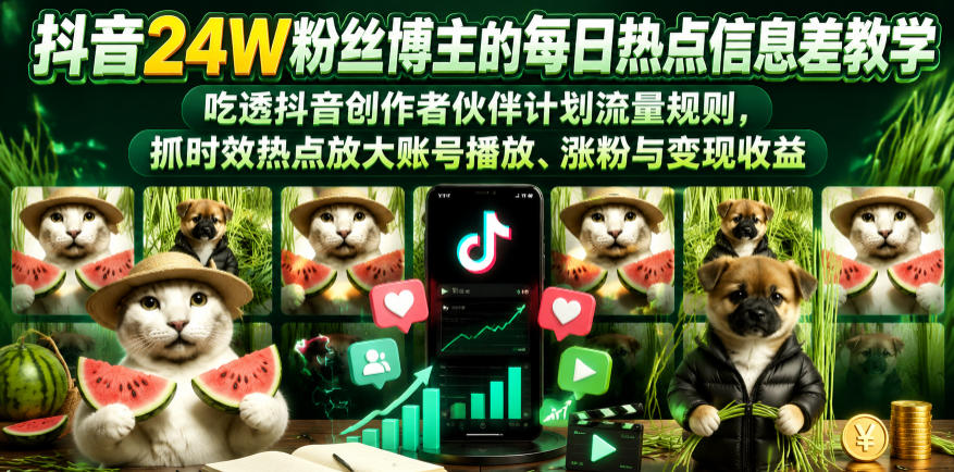 抖音24W粉丝博主的每日热点信息差教学，吃透创作者伙伴计划流量规则，抓时效热点放大账号播放、涨粉与变现收益-聚力云网创